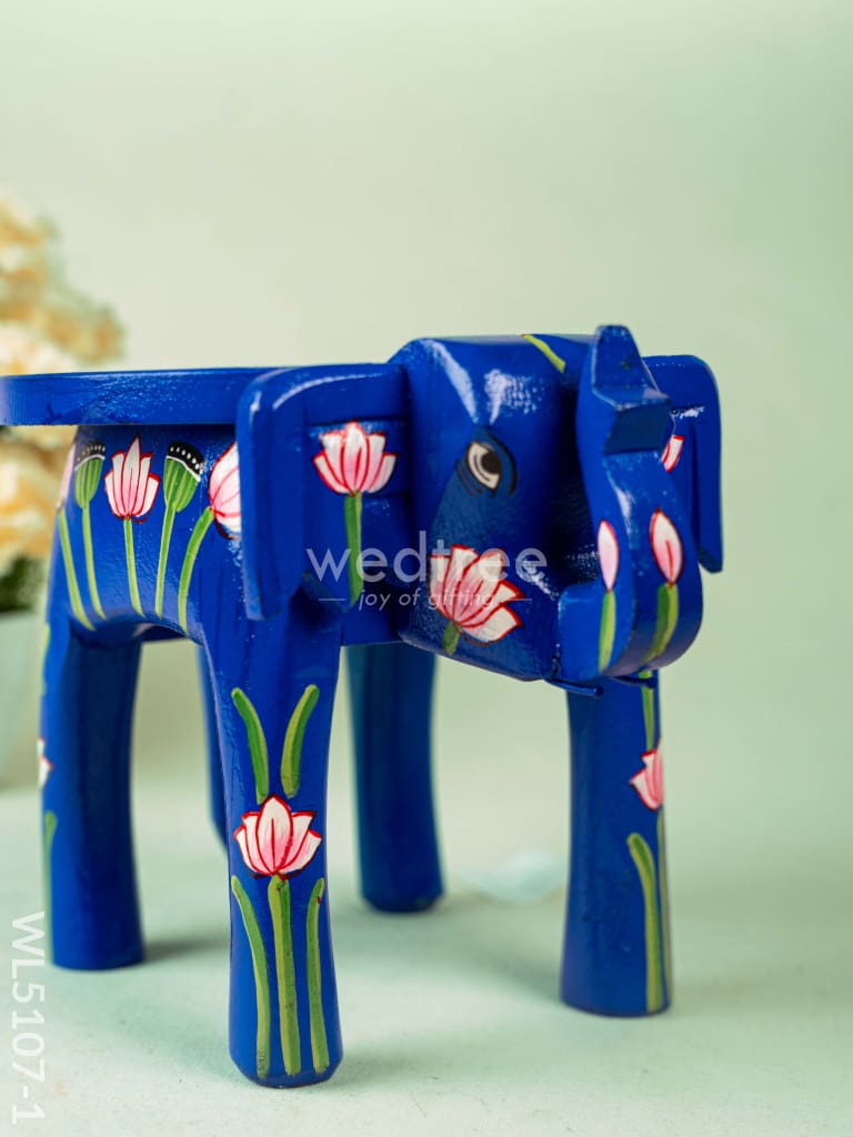 Hand Painted Pichwai Elephant Stool - 8 inch - Blue - WL5107-1