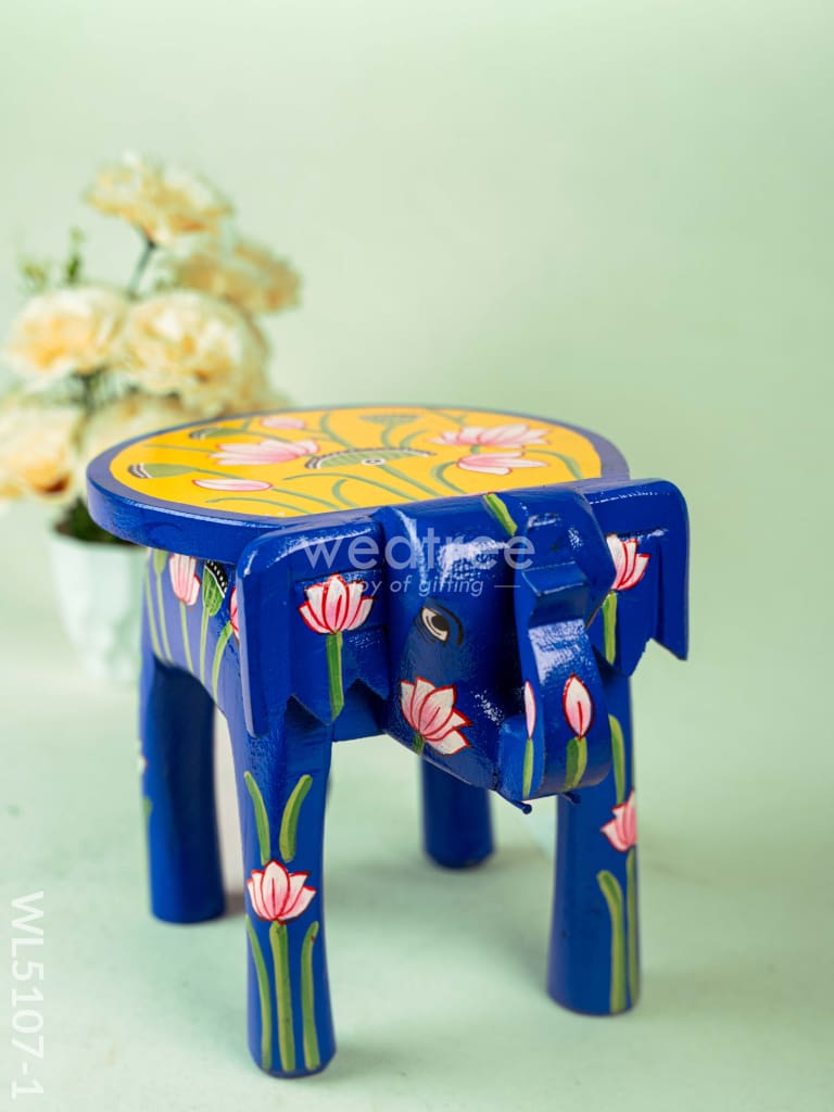 Hand Painted Pichwai Elephant Stool - 8 inch - Blue - WL5107-1