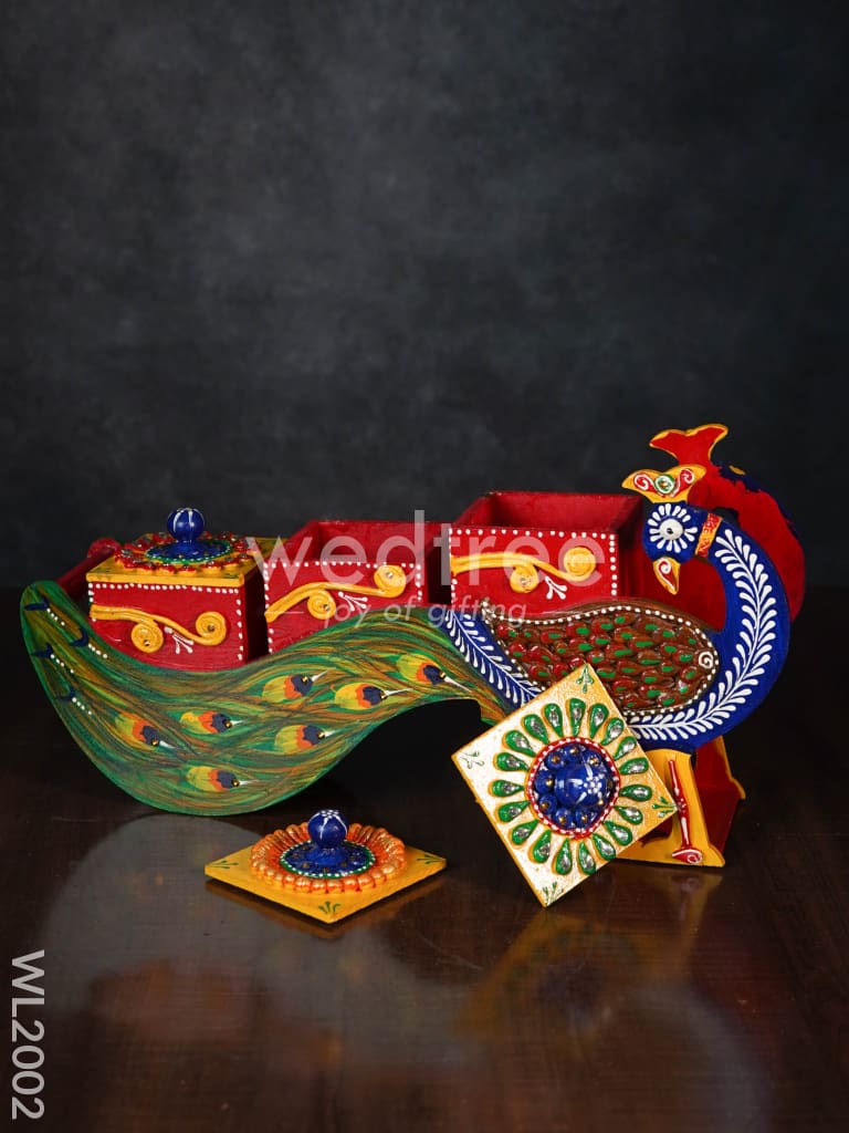Handpainted 3 Box Organiser - Embossed Stone Work Peacock - WL2002