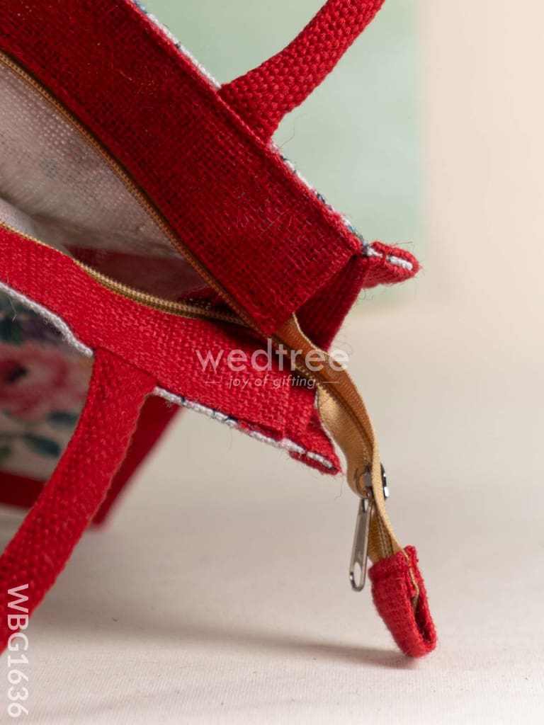 Jute Bag with Floral Prints - Red - WBG1636