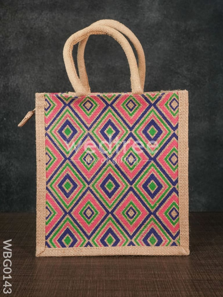 Jute Bag with Multicolored Diamond Design - WBG0143