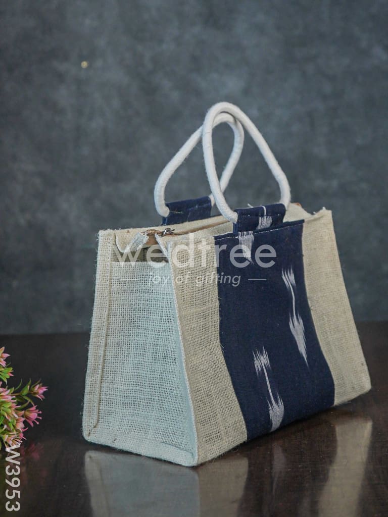 Jute Lunch Bag with Ikkat Fabric and Zipper - W3953