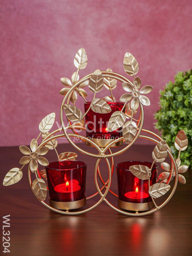 Leaves & Flowers Metal T Light Holder with a Radiating Red Glass - WL3204