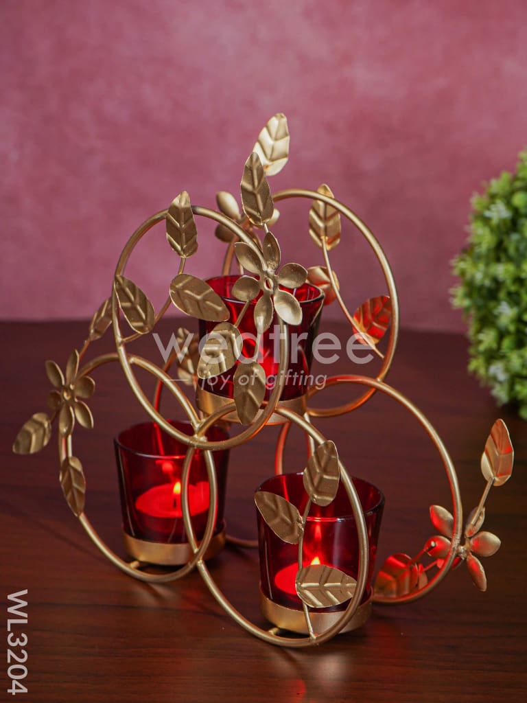 Leaves & Flowers Metal T Light Holder with a Radiating Red Glass - WL3204