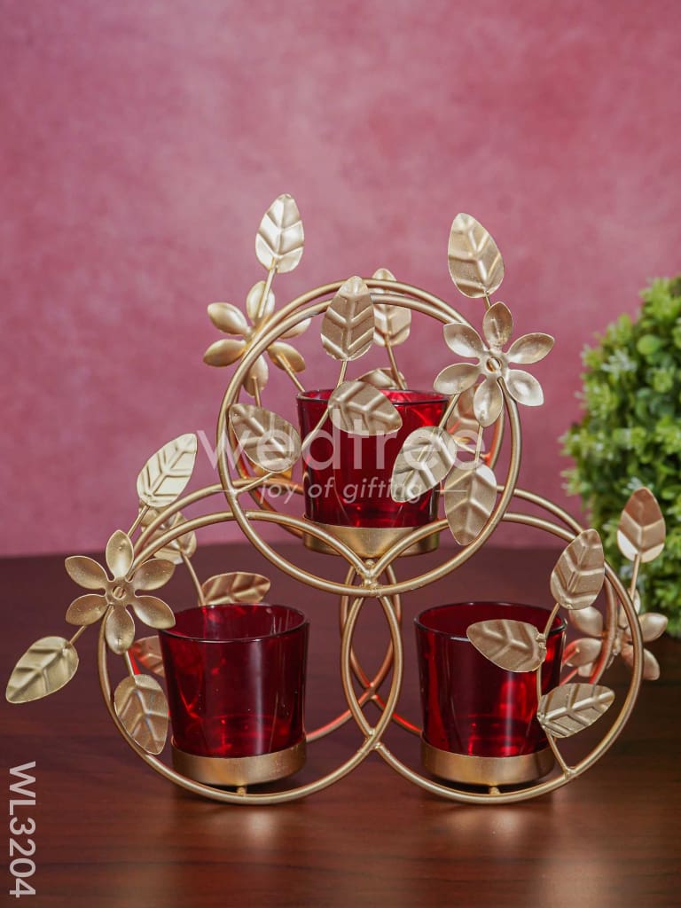 Leaves & Flowers Metal T Light Holder with a Radiating Red Glass - WL3204