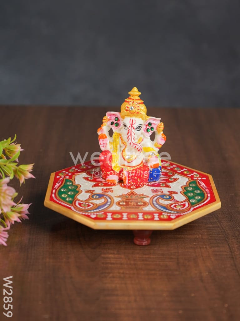 Marble - Ganesha with Hexagon Shaped Chowki - W2859