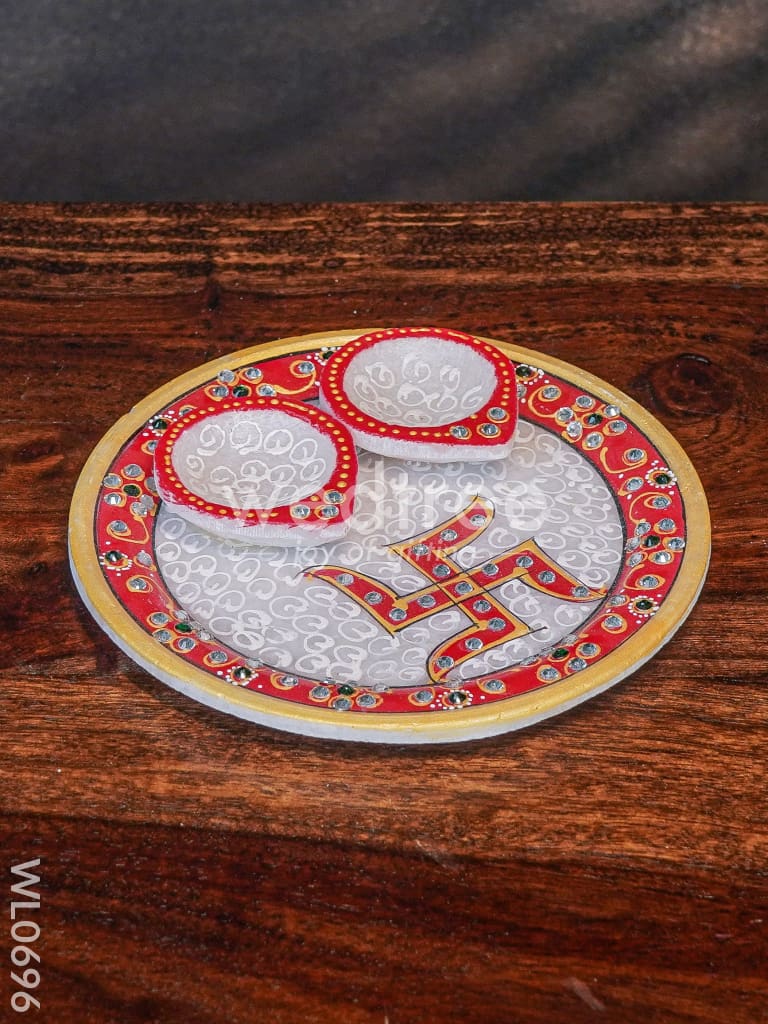 Marble hand painted pooja thali with diya - WL0696