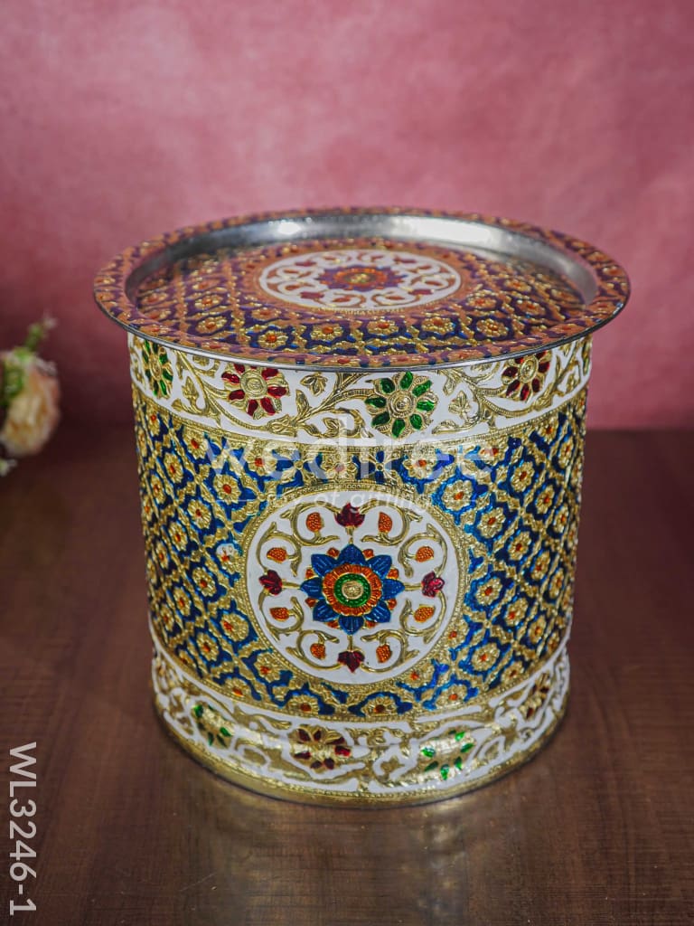 Meenakari Drum with Lid - Blue - 10 inch - WL3246-1
