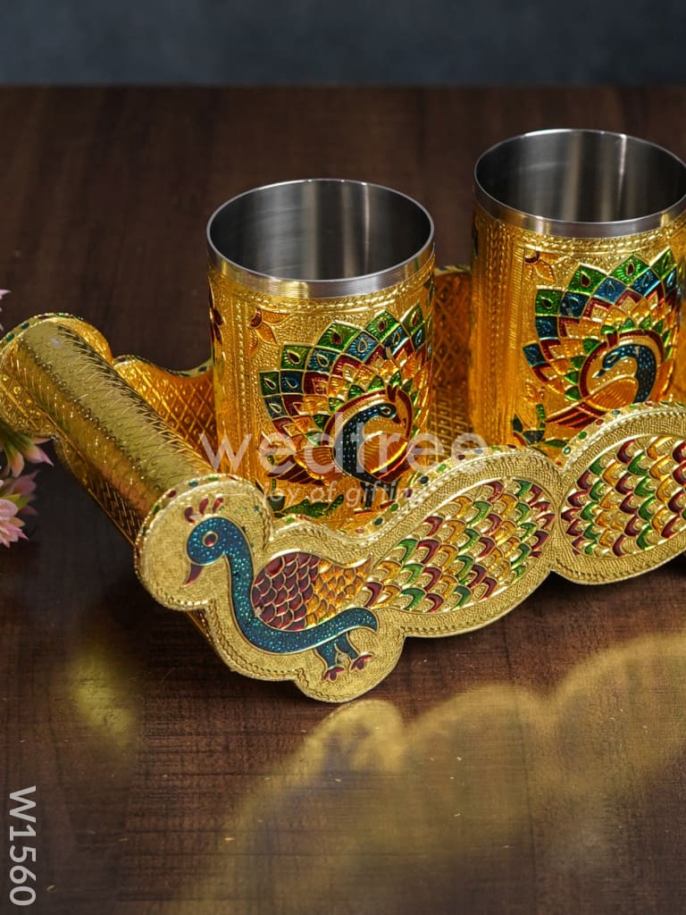 Meenakari Peacock Tray Set with 2 Glass - W1560