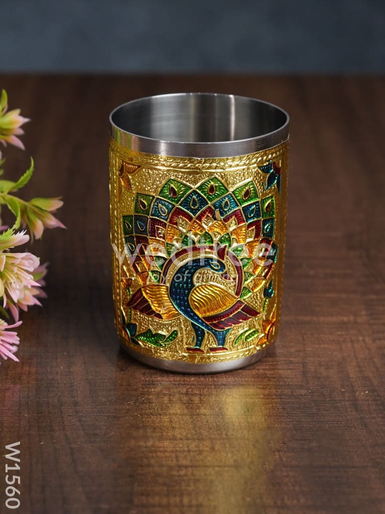 Meenakari Peacock Tray Set with 2 Glass - W1560