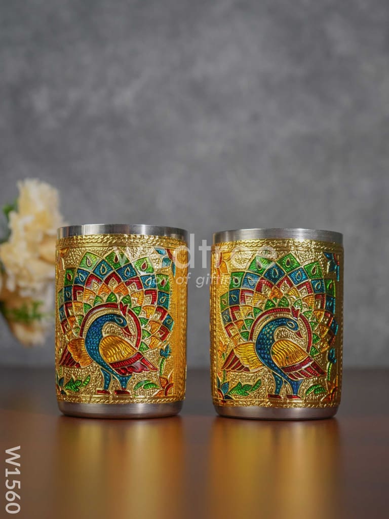 Meenakari Peacock Tray Set with 2 Glass - W1560