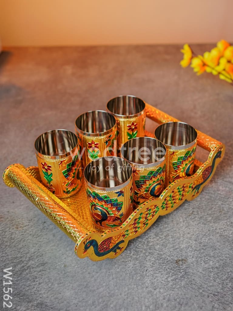 Meenakari Peacock Tray Set with 6 Glass - W1562