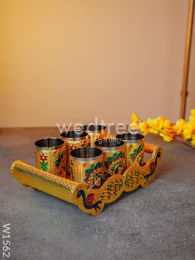Meenakari Peacock Tray Set with 6 Glass - W1562