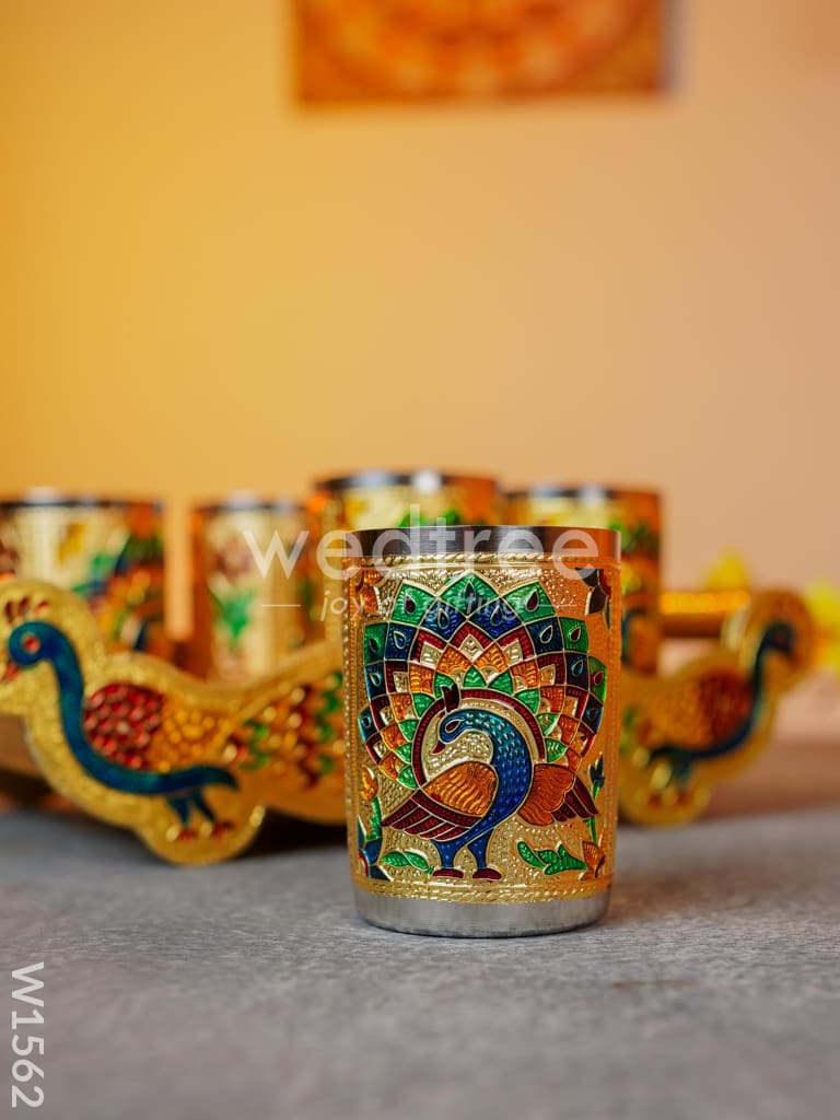 Meenakari Peacock Tray Set with 6 Glass - W1562