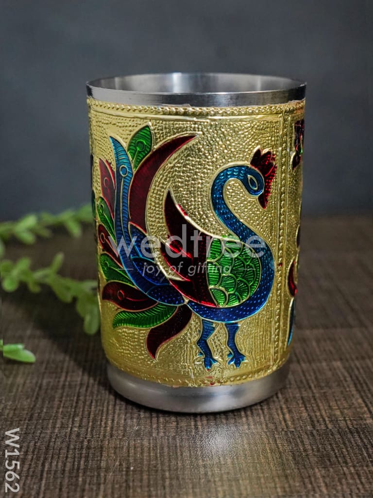Meenakari Peacock Tray Set with 6 Glass - W1562