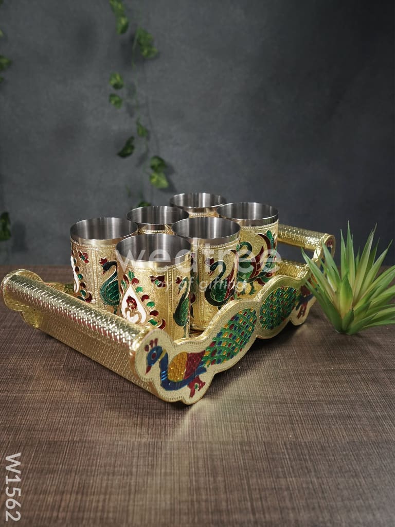 Meenakari Peacock Tray Set with 6 Glass - W1562