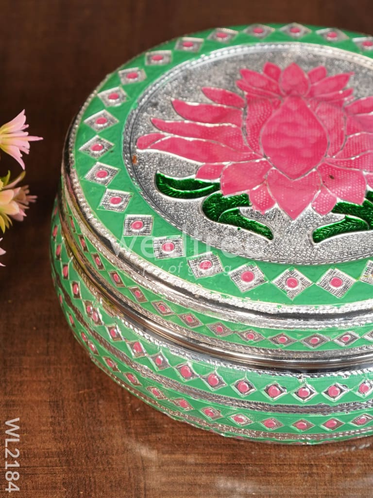 Meenakari Poori Box with Pastel Shade Lotus - 7 inch - WL2184