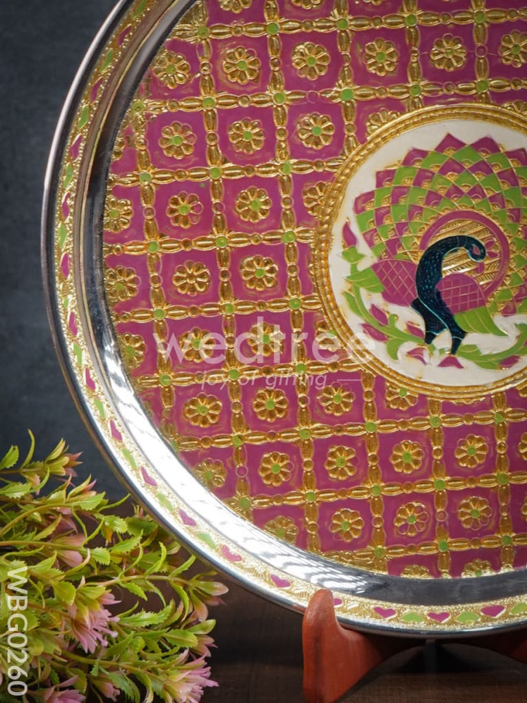 Meenakari Round Plate with Peacock Design - 12Inches - WBG0260