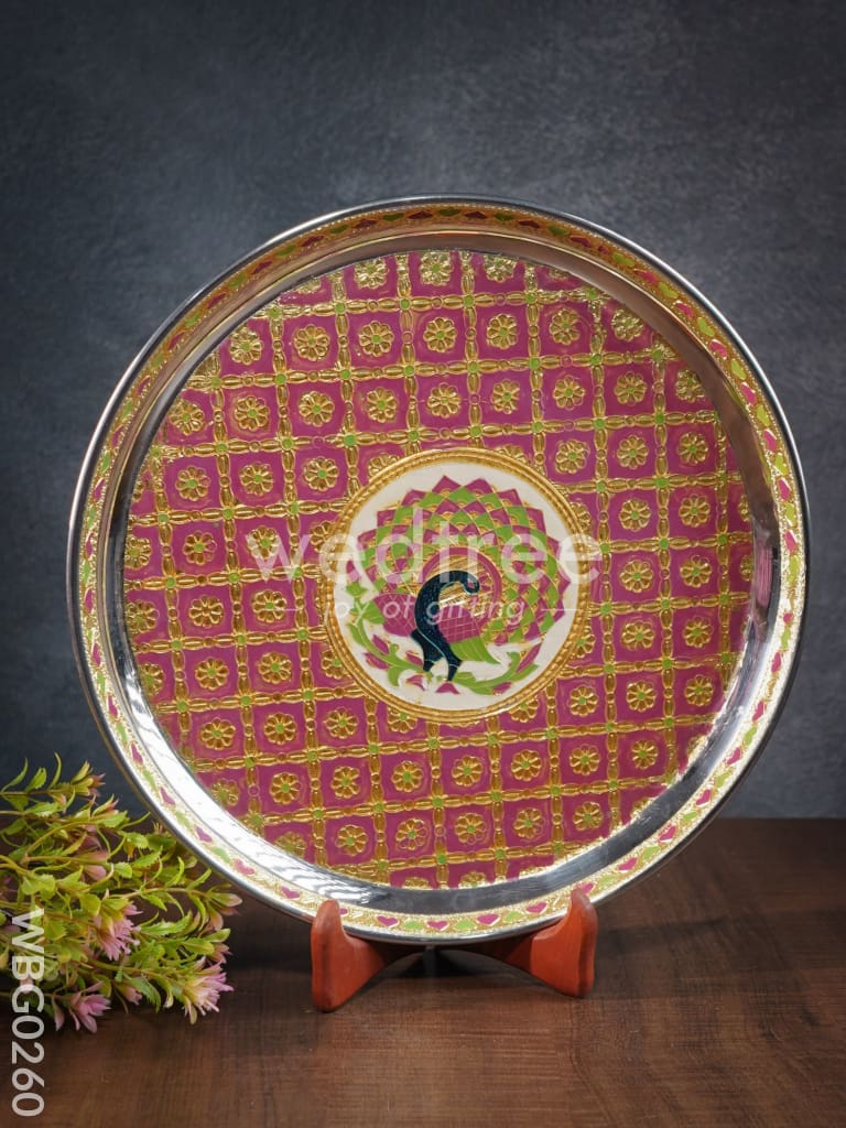 Meenakari Round Plate with Peacock Design - 12Inches - WBG0260