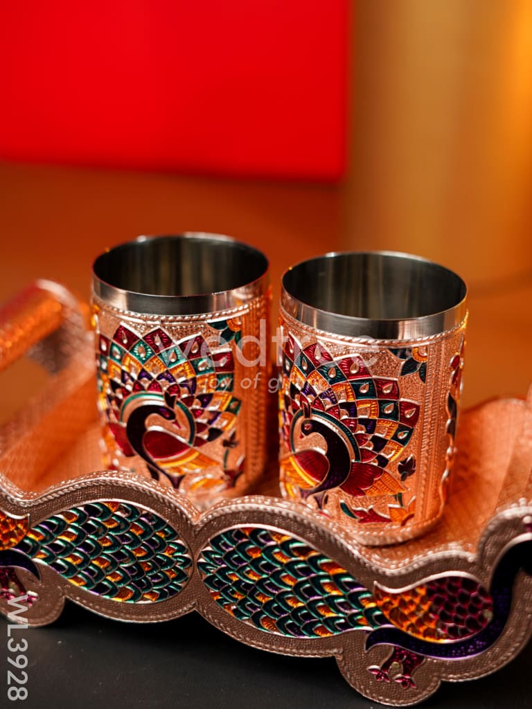 Meenakari Tray with Set of 2 Glass - Copper - WL3928