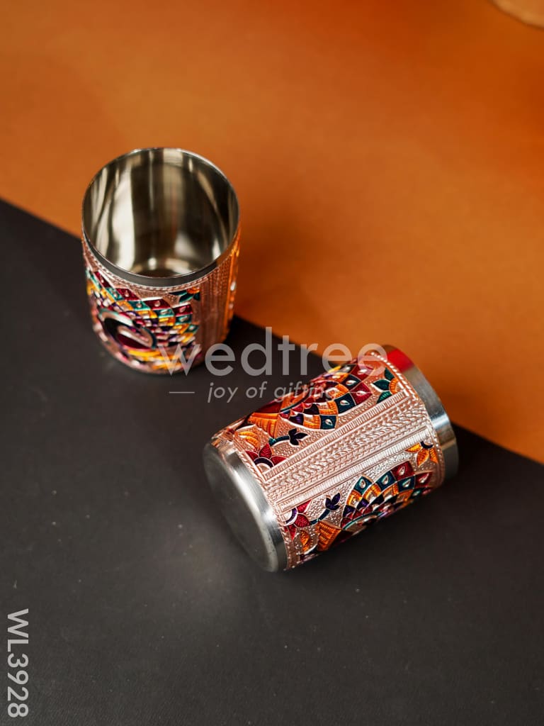 Meenakari Tray with Set of 2 Glass - Copper - WL3928