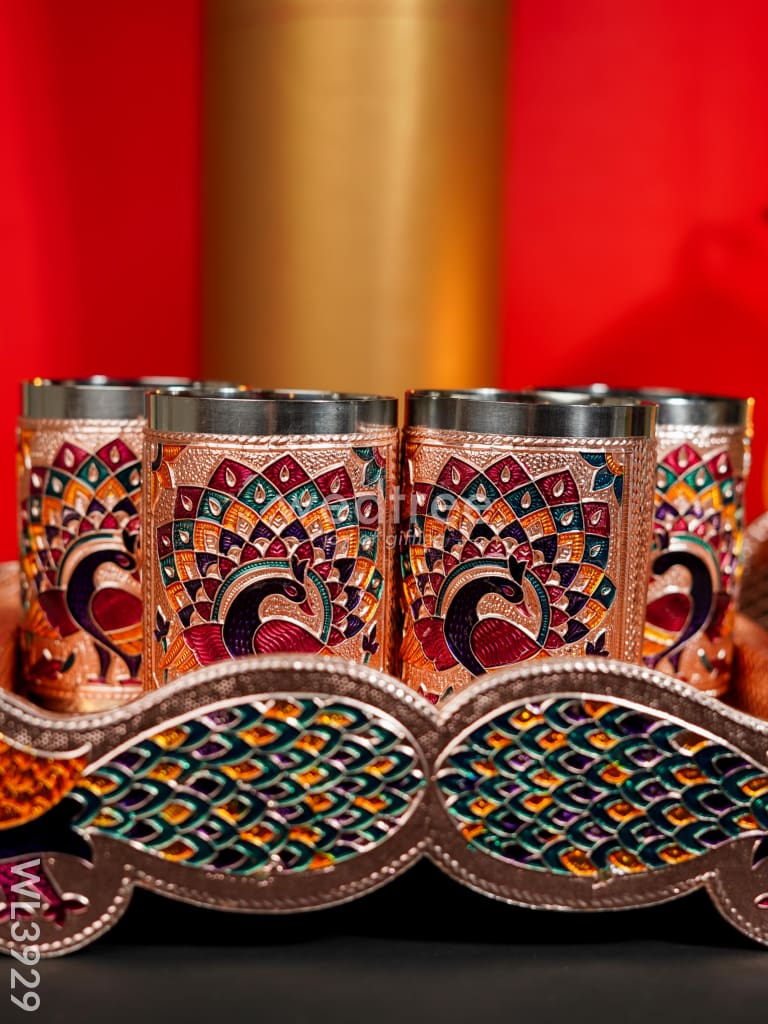 Meenakari Tray with Set of 4 Glass - WL3929