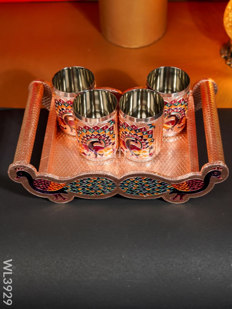 Meenakari Tray with Set of 4 Glass - WL3929