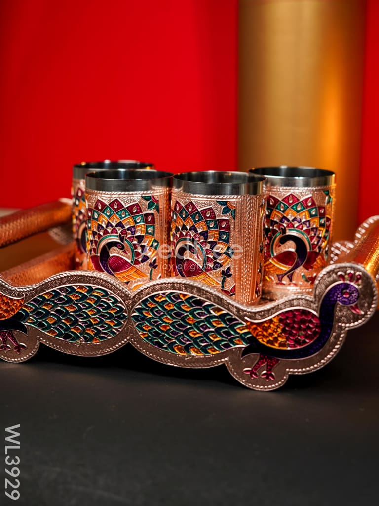 Meenakari Tray with Set of 4 Glass - WL3929