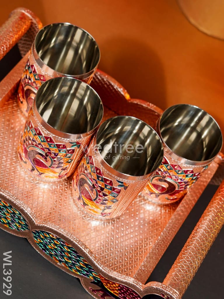 Meenakari Tray with Set of 4 Glass - WL3929