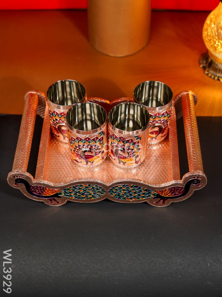 Meenakari Tray with Set of 4 Glass - WL3929