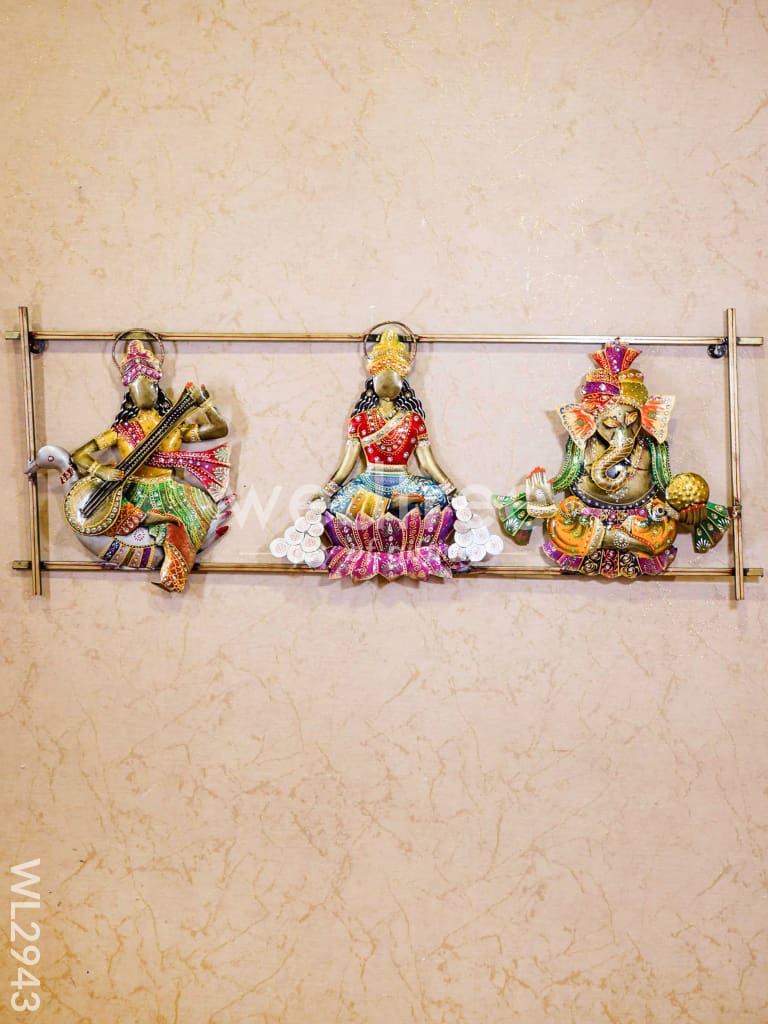 Metal Hand Painted Lakshmi Ganesha Saraswathi in Frame - WL2943