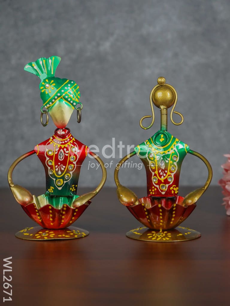 Metal Hand painted Rajasthani Dolls with T Light Holder - Set of 2 - WL2671