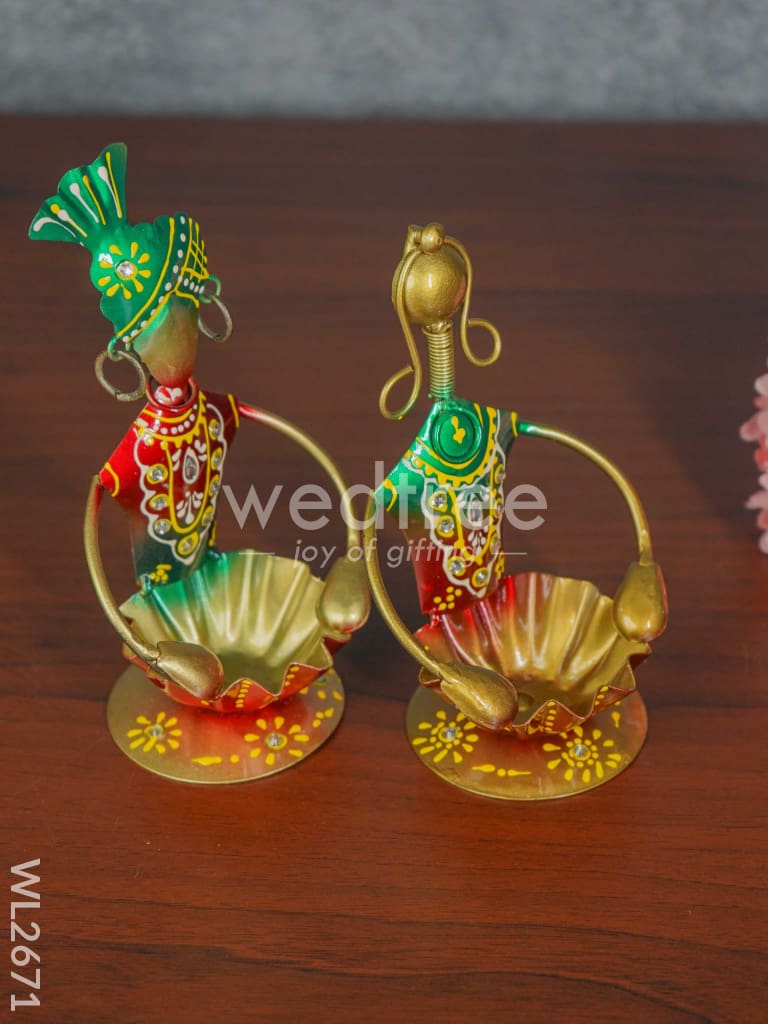 Metal Hand painted Rajasthani Dolls with T Light Holder - Set of 2 - WL2671