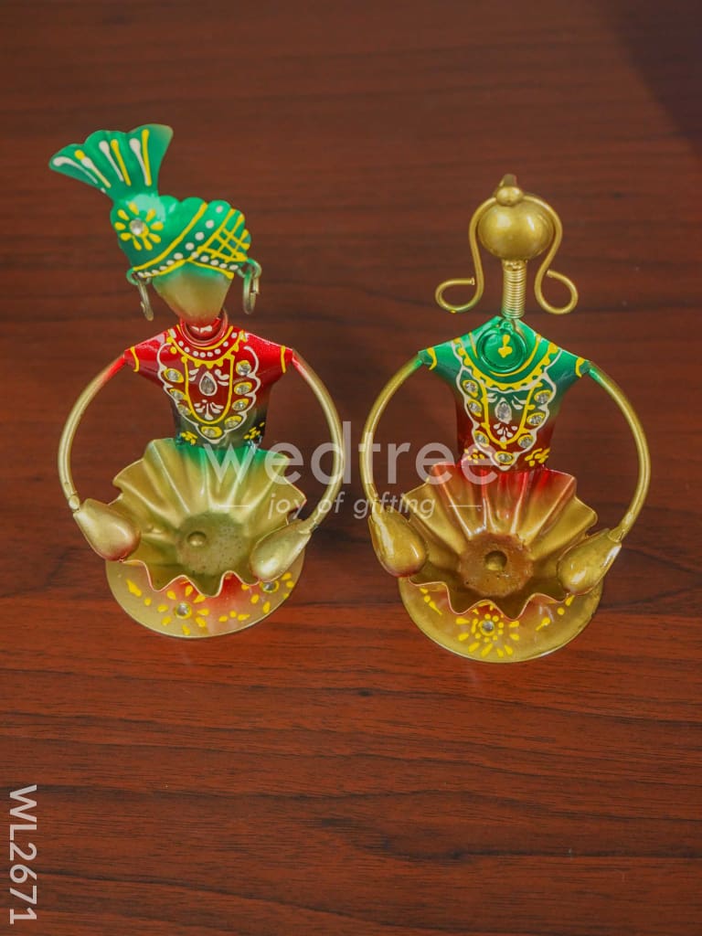 Metal Hand painted Rajasthani Dolls with T Light Holder - Set of 2 - WL2671