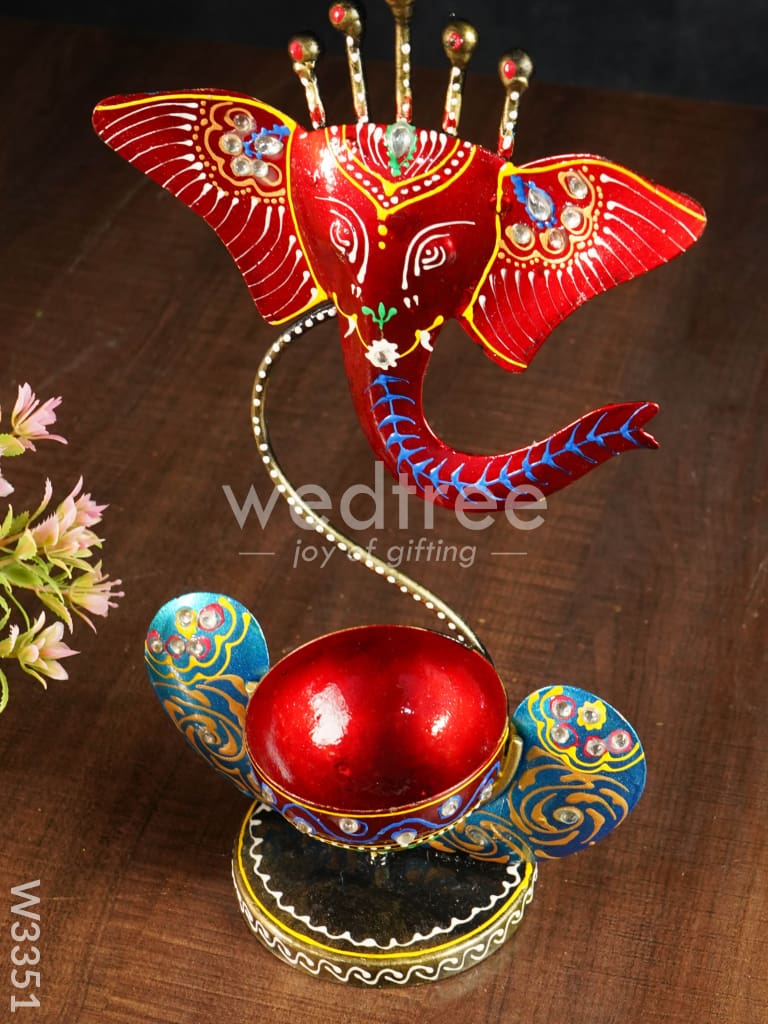 Metal Handpainted Ganesha T Light Holder - W3351