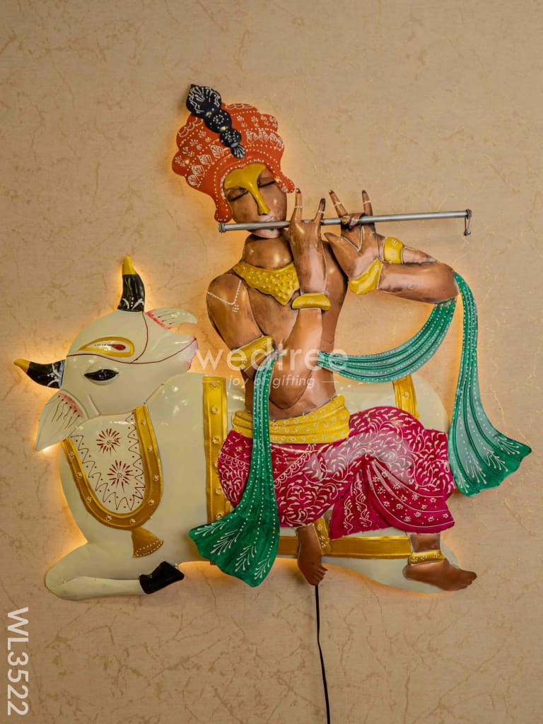 Metal Handpainted Krishna with Cow Wall Hanging - WL3522