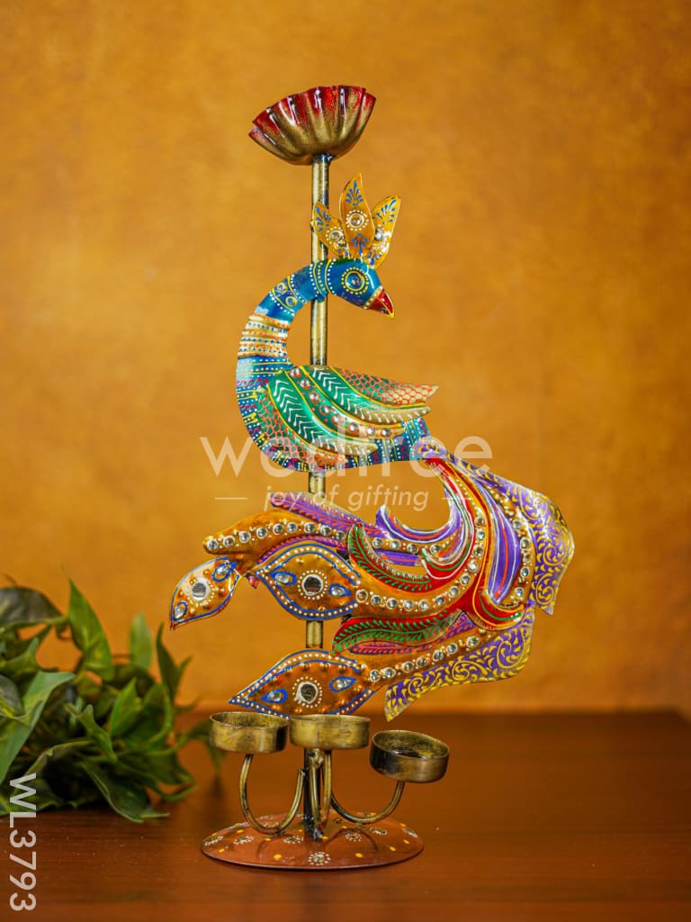 Metal Handpainted Peacock Candle Holder - WL3793