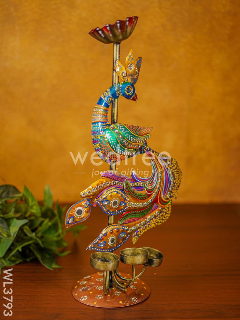 Metal Handpainted Peacock Candle Holder - WL3793