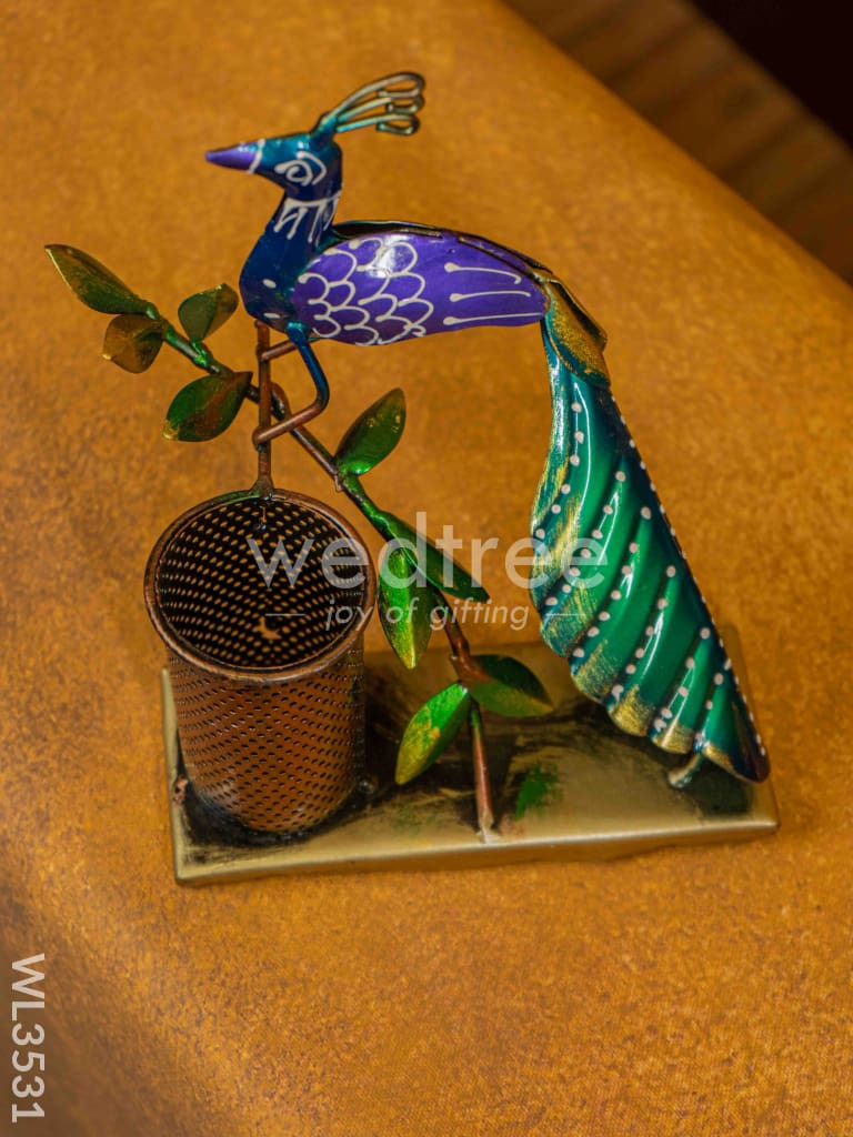 Metal Handpainted Peacock Pen Stand - WL3531