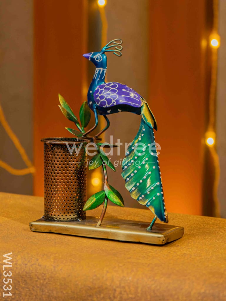 Metal Handpainted Peacock Pen Stand - WL3531
