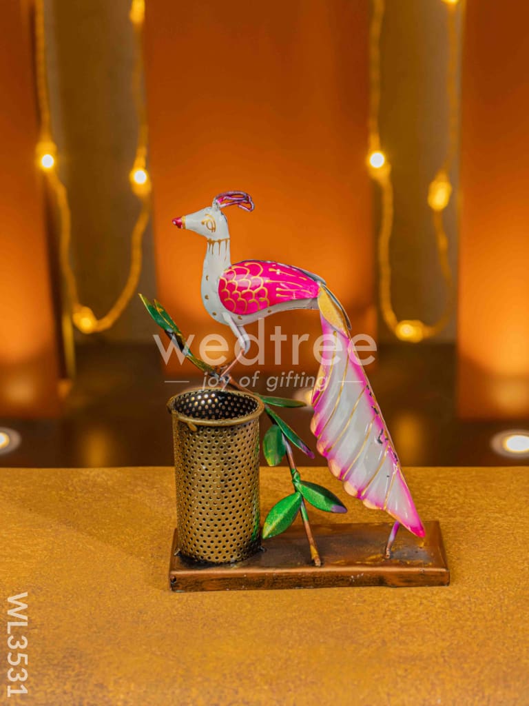 Metal Handpainted Peacock Pen Stand - WL3531