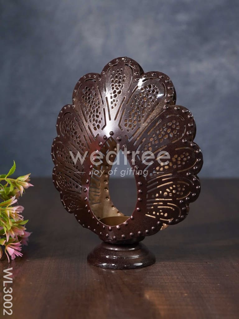 Metal Peacock Feather Shaped T-light Holder in Distressed Finish - WL3002