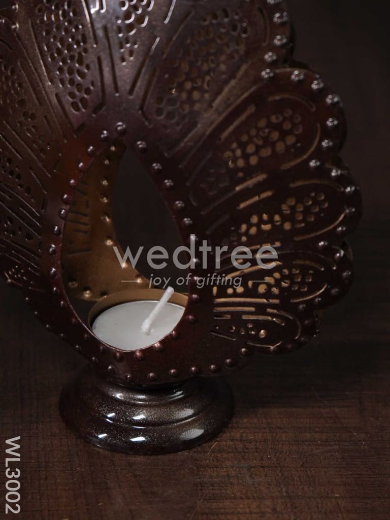 Metal Peacock Feather Shaped T-light Holder in Distressed Finish - WL3002