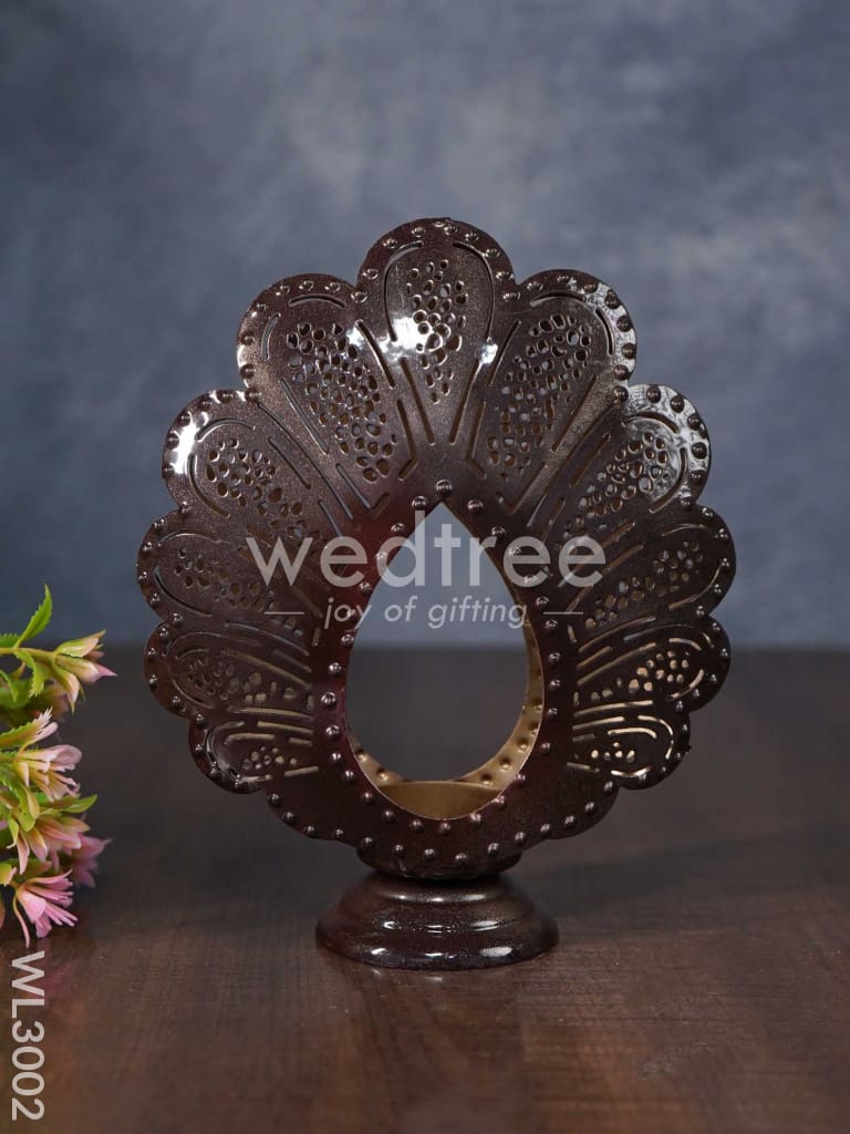 Metal Peacock Feather Shaped T-light Holder in Distressed Finish - WL3002