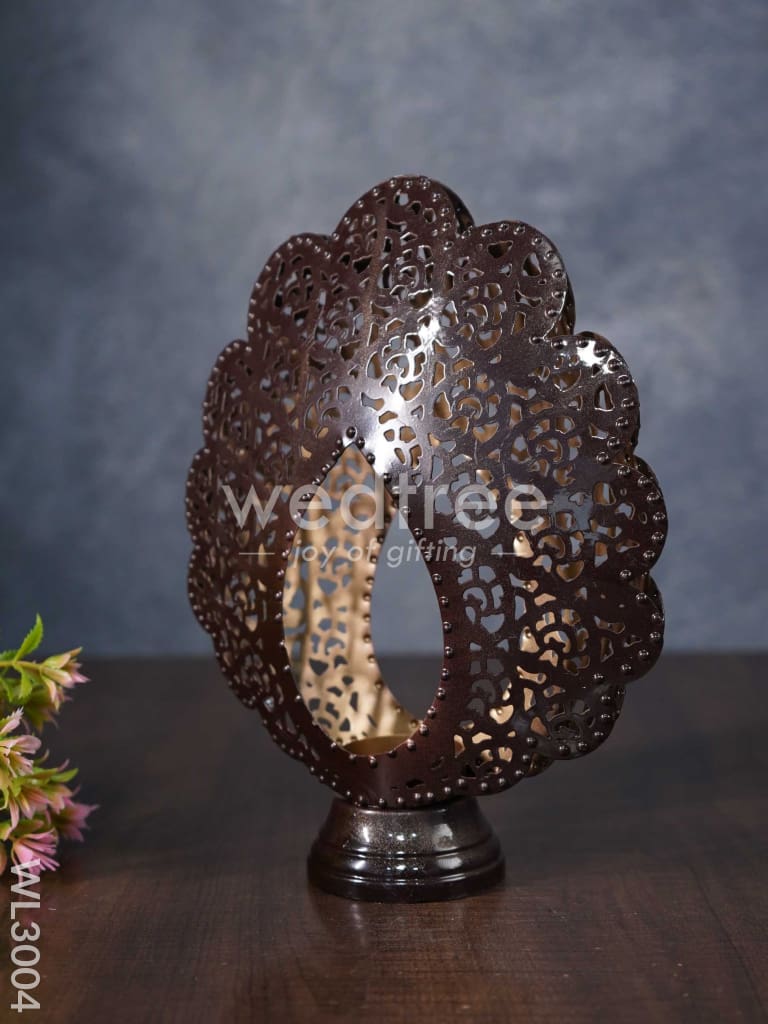 Metal Peacock Feather Shaped T-light Holder in Distressed Finish - WL3004