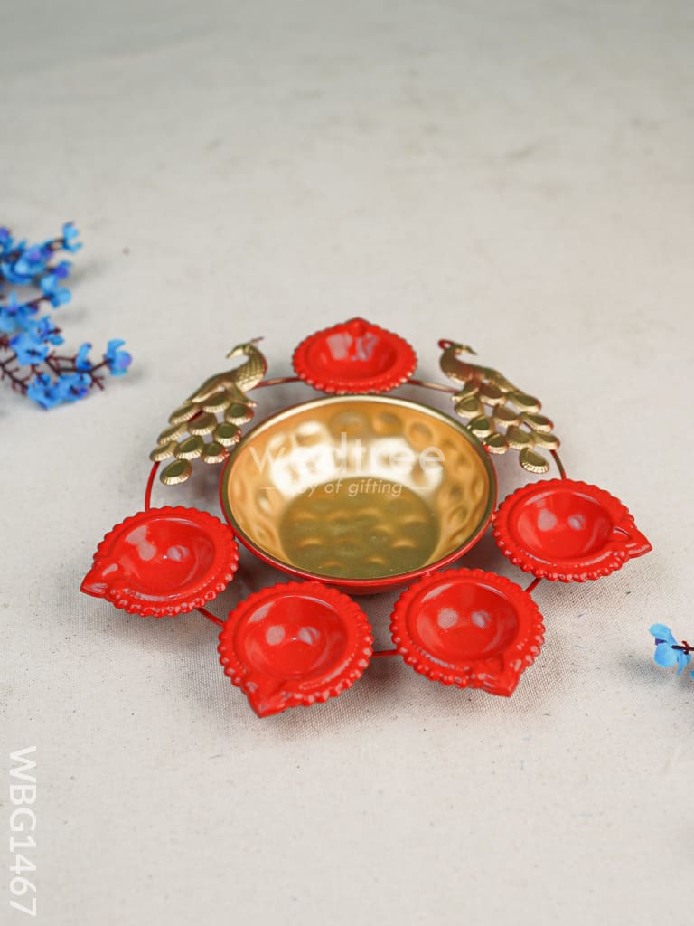 Metal Peacock Urli with 5 Diya - WBG1467