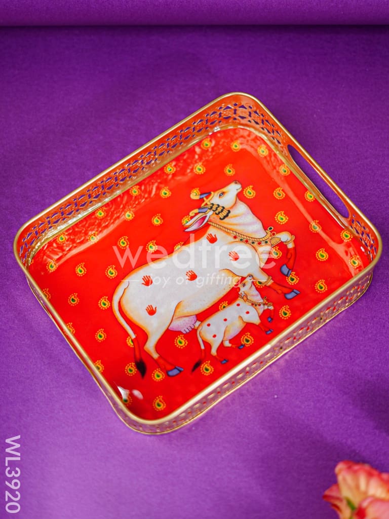 Metal Tray with Pichwai Design - Red - WL3920