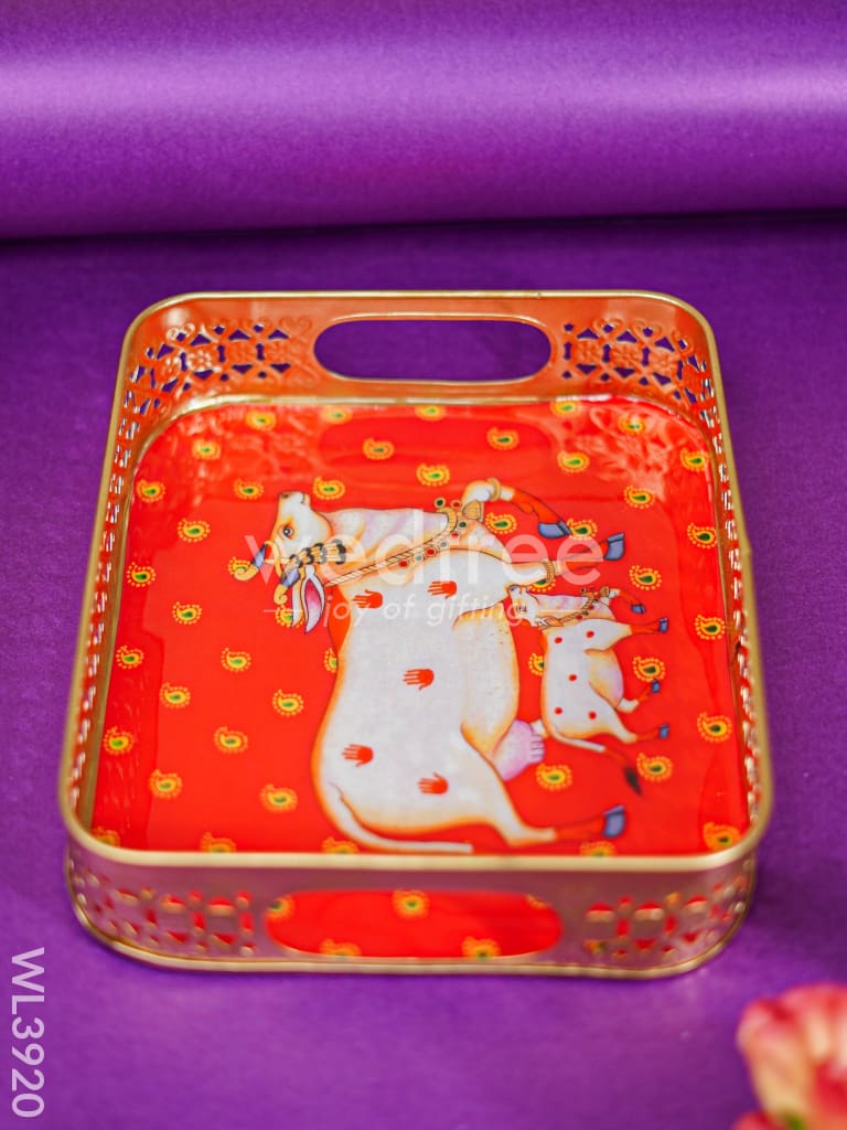 Metal Tray with Pichwai Design - Red - WL3920