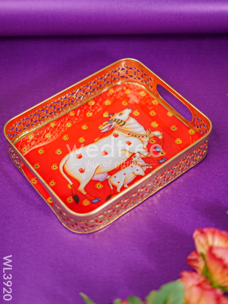 Metal Tray with Pichwai Design - Red - WL3920