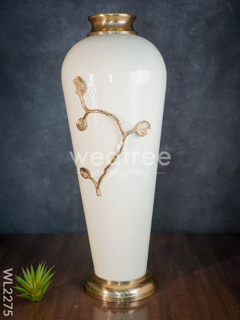 Metal Vase in White with Brass Antique Floral Embossing (29 inch) - WL2275